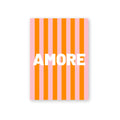 Postcard Amore featuring orange and pink vertical stripes on a white background