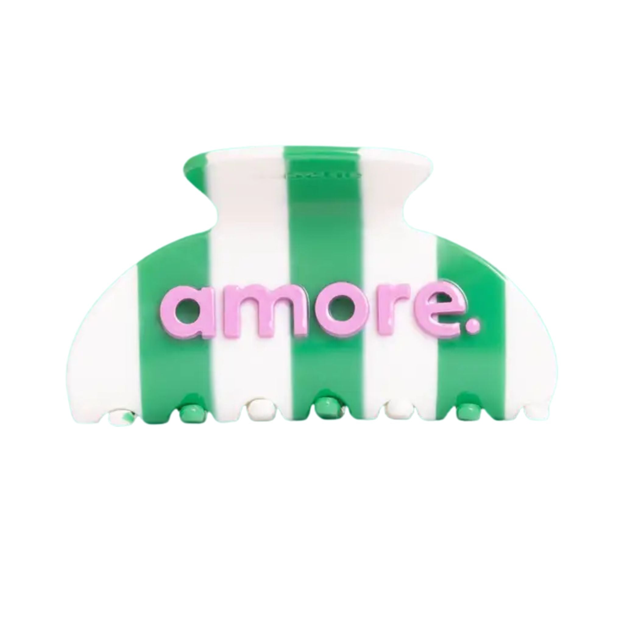 Amore green and white striped hair claw clip on white background, hair accessory