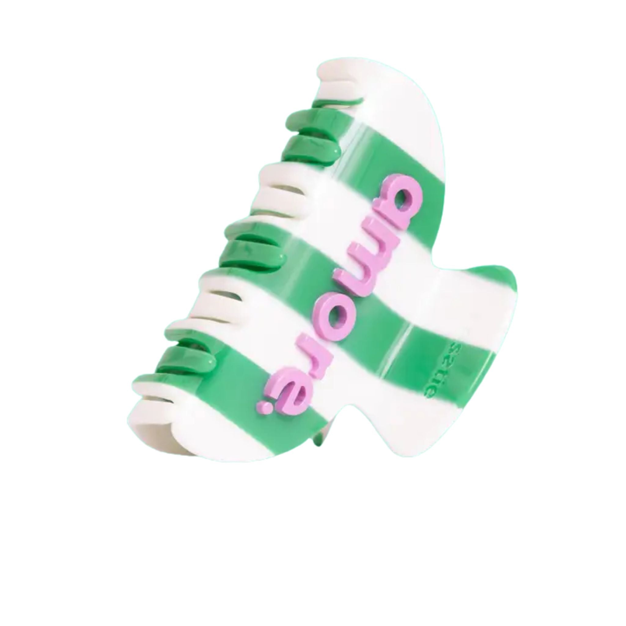amore white and green striped hair claw clip on white background, hair accessory