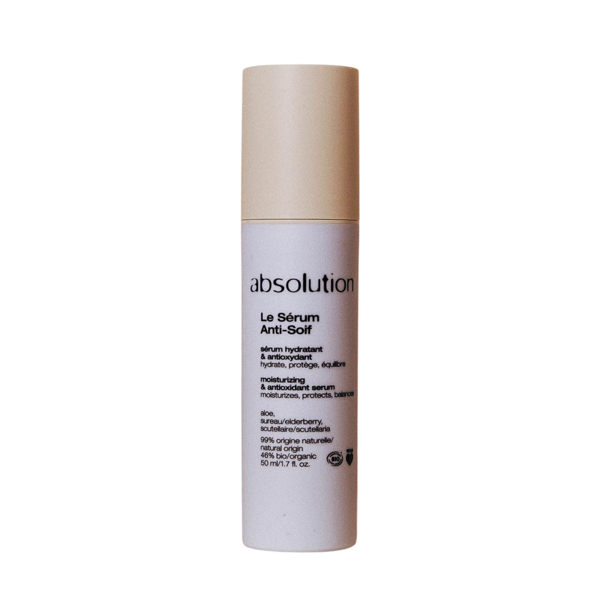 Absolution Le Sérum Anti-Soif in einer beigen Flasche mit passendem Verschluss für die Hautpflege.