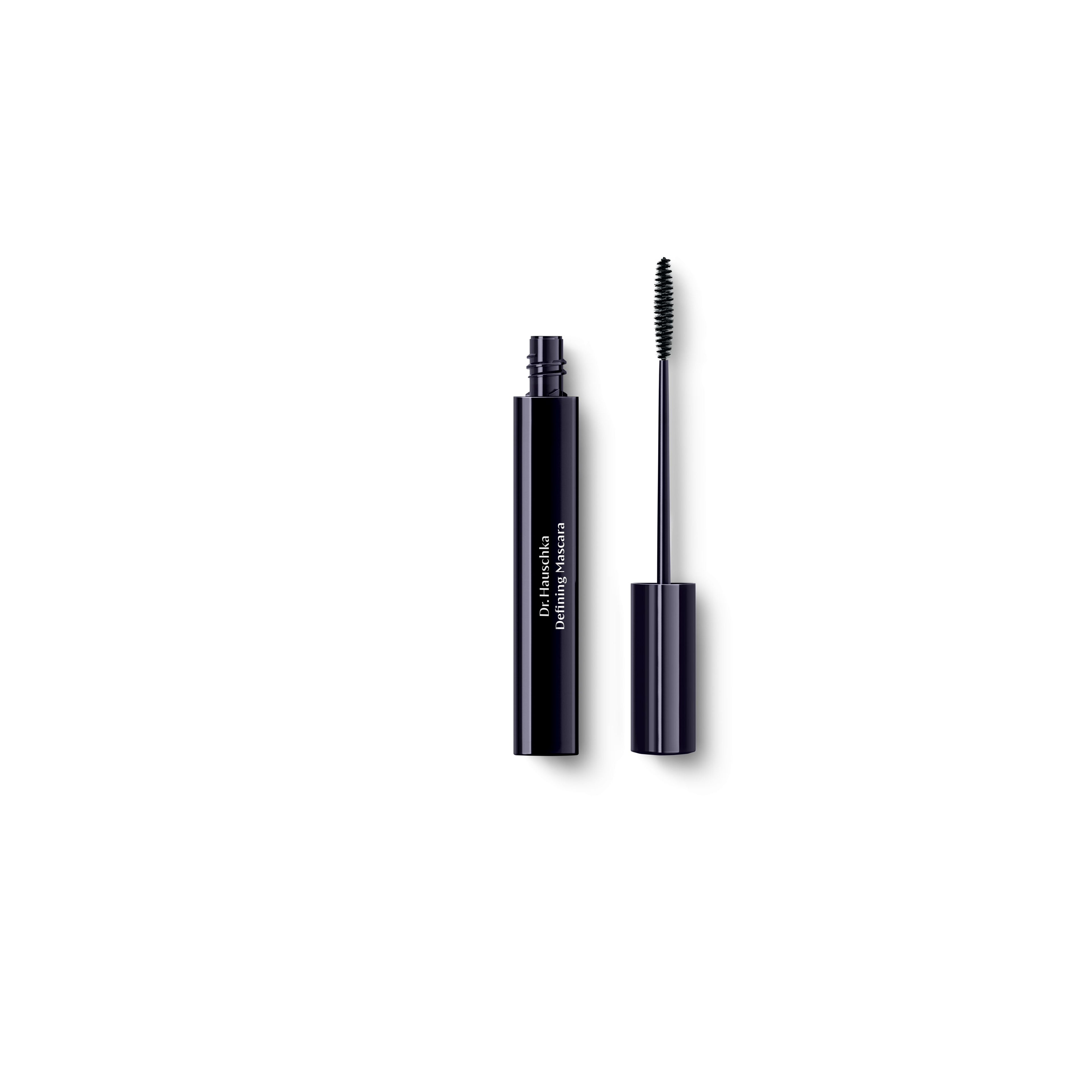 Dr. Hauschka Defining Mascara 01 Schwarz – schwarzer Tubus, glänzender Deckel, weißer Hintergrund – Wimpernmake-up