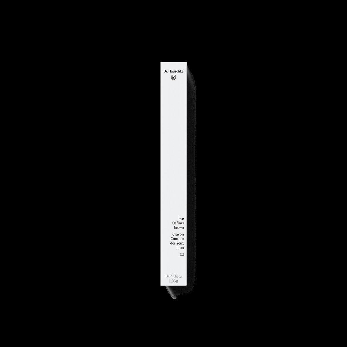 Dr. Hauschka Eye Definer 02 Braun – schwarzer Stift, weißes Etikett 1,05 g, schwarzer Hintergrund – Augen-Make-up