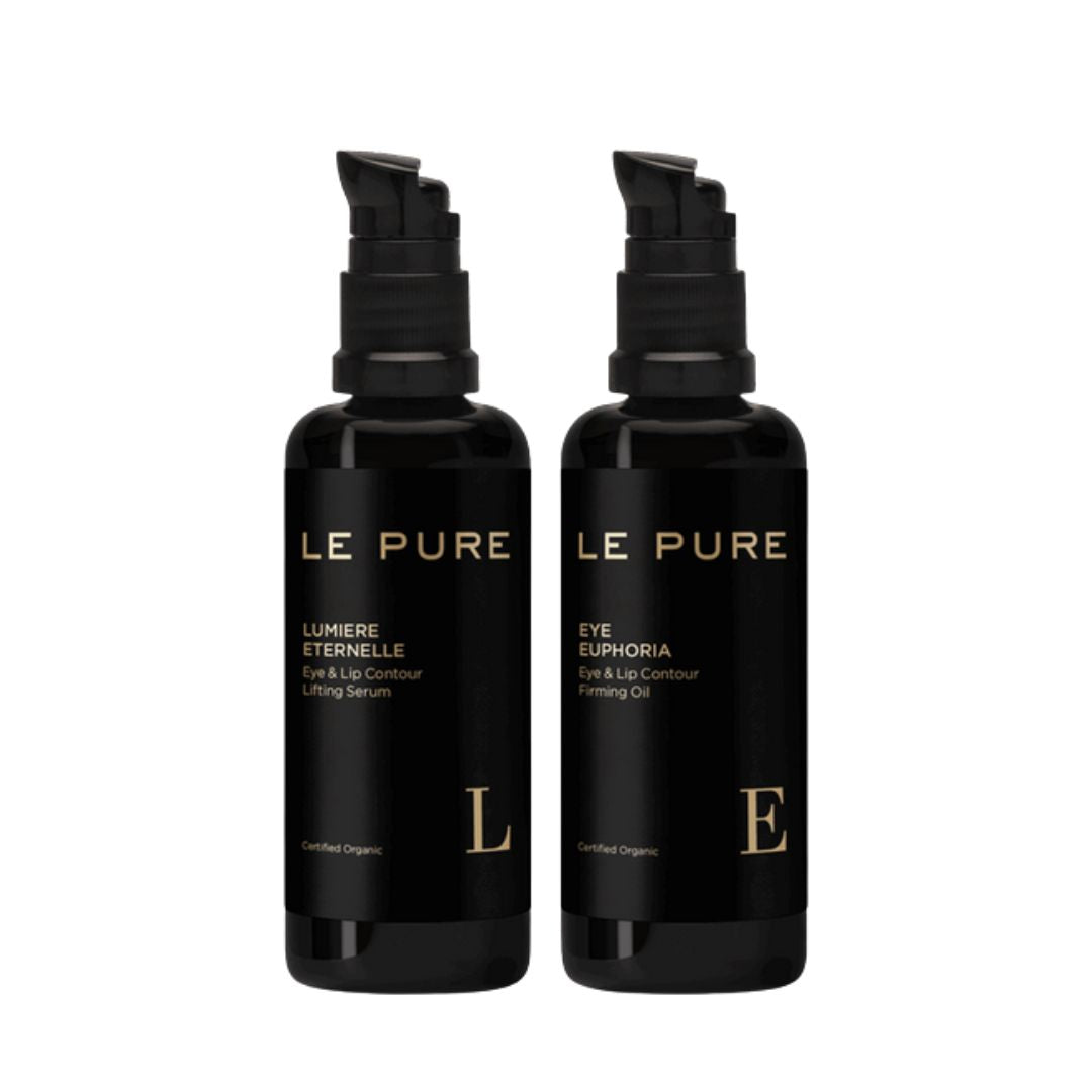 LE PURE E&L The Eye Set – two black pump bottles with gold lettering, white background – eye care