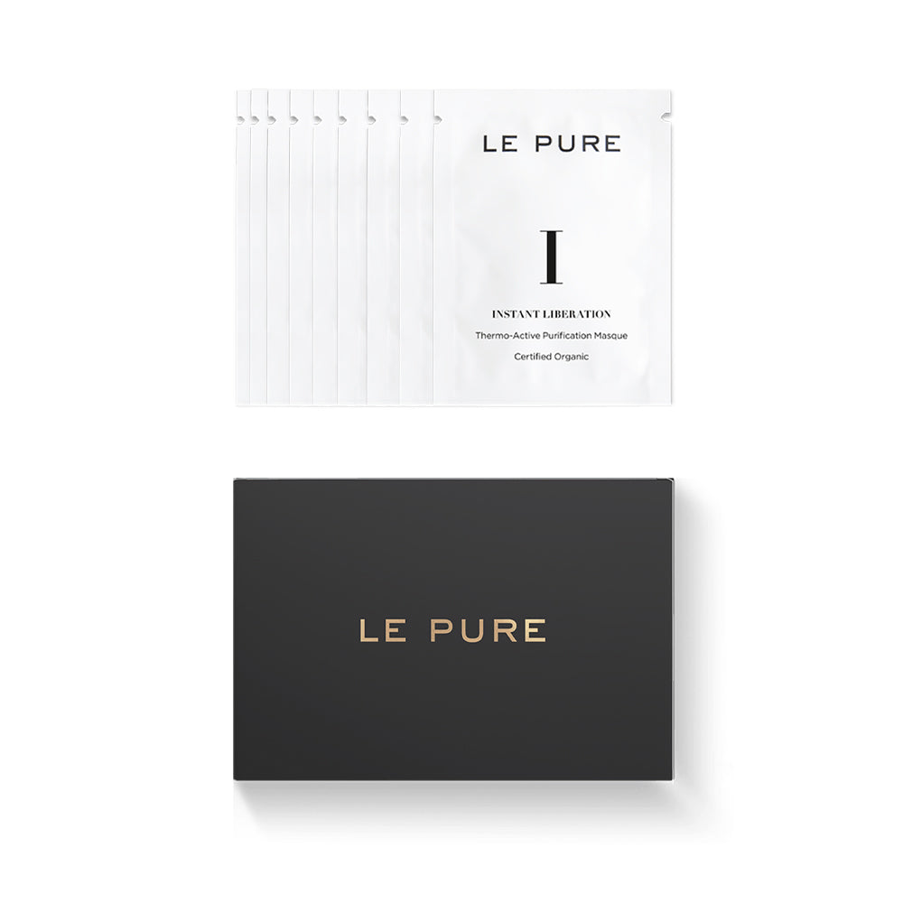 LE PURE Instant Liberation – 15x1ml Einwegbeutel, weiß mit schwarzer Schrift, schwarze Box, weißer Hintergrund – Gesichtsmaske
