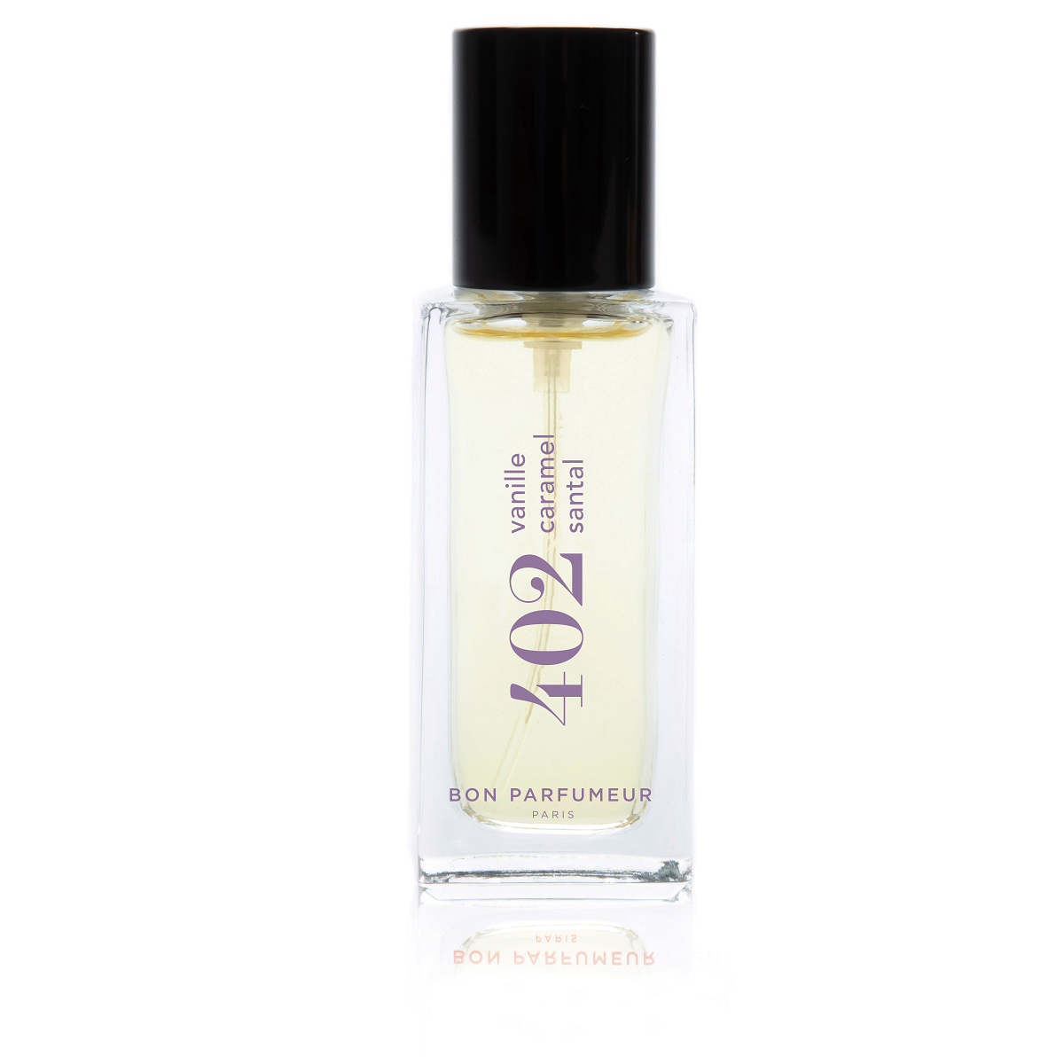 Bon Parfumeur 402 Vanille – klares Glasfläschchen mit schwarzem Sprühkopf, weißem Hintergrund – Parfüm