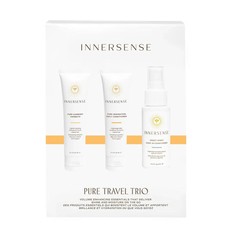 Innersense Pure Travel Trio – weiße Tubes und Sprayflasche, 59 ml, goldene Akzente, weißer Hintergrund – Haarpflege