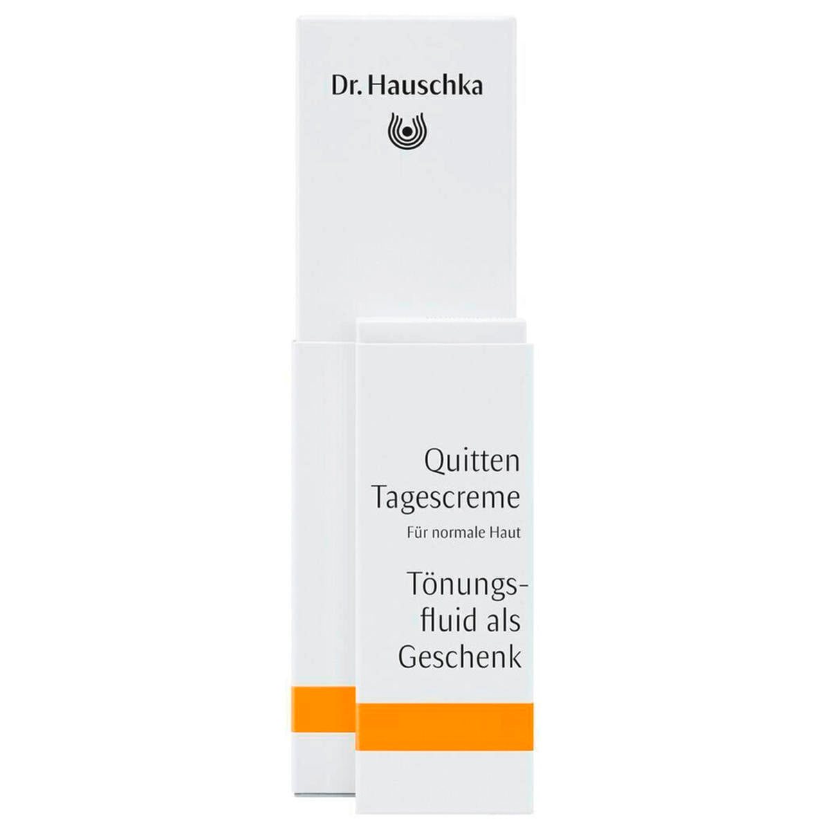 Dr. Hauschka Quince Day Cream + Tinting Fluid – white cardboard packaging with orange stripe, white background – skin care
