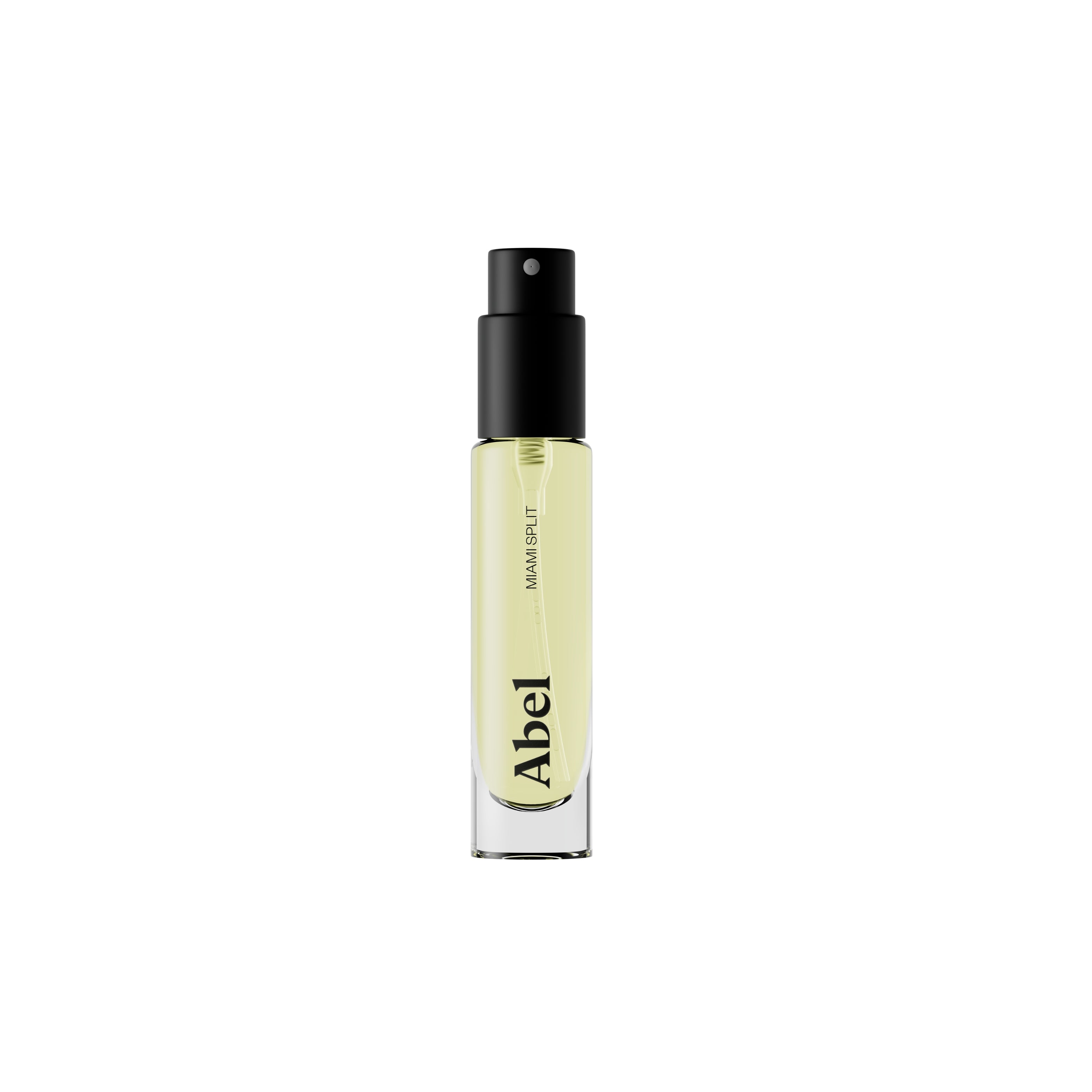 Abel Miami Split Eau de Parfum – 6ml Glasflasche mit schwarzem Zerstäuber, weißer Hintergrund – Parfüm
