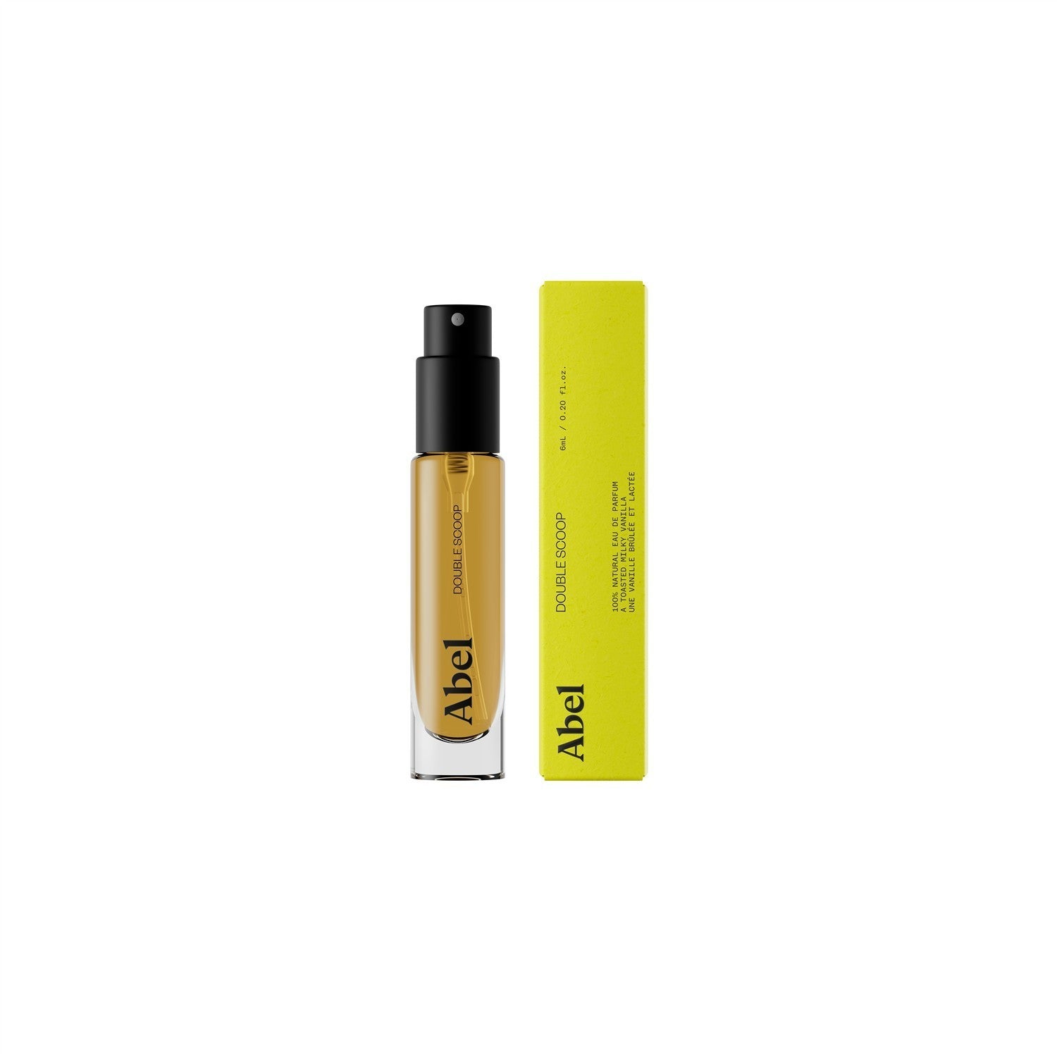 Abel Double Scoop Eau de Parfum – 6ml Glasflakon mit schwarzem Sprühkopf, gelbe Verpackung, weißer Hintergrund – Parfüm