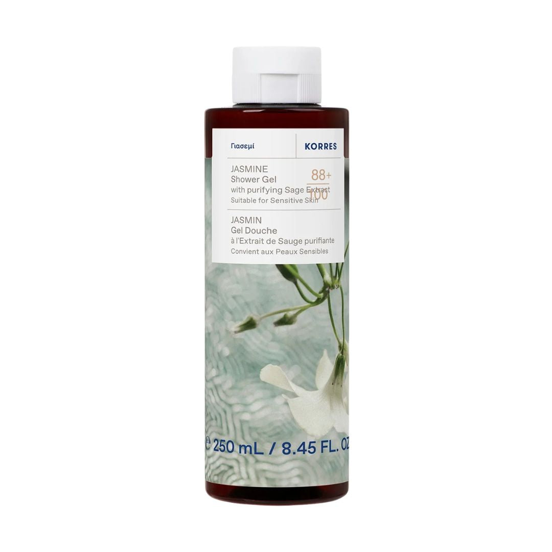 KORRES Jasmin Duschgel – braune Flasche 250ml, weißer Deckel, weißer Hintergrund – Hautpflege