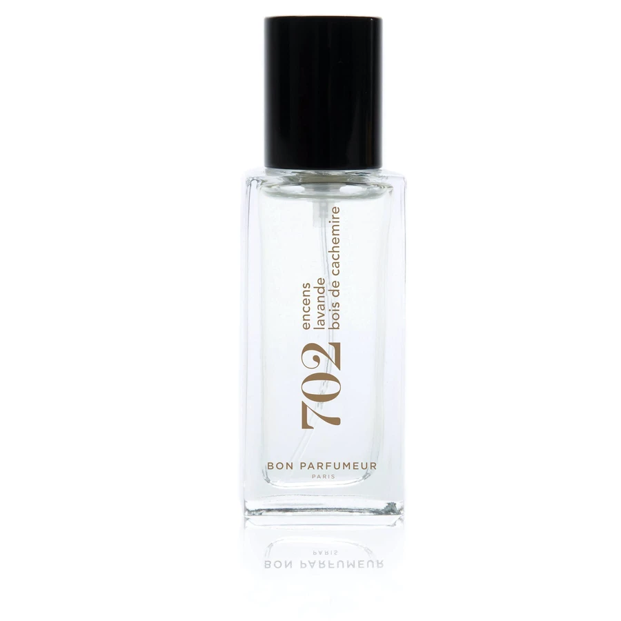 Bon Parfumeur 702 Incense – klares Glasfläschchen mit schwarzem Deckel, weißem Hintergrund – Parfüm