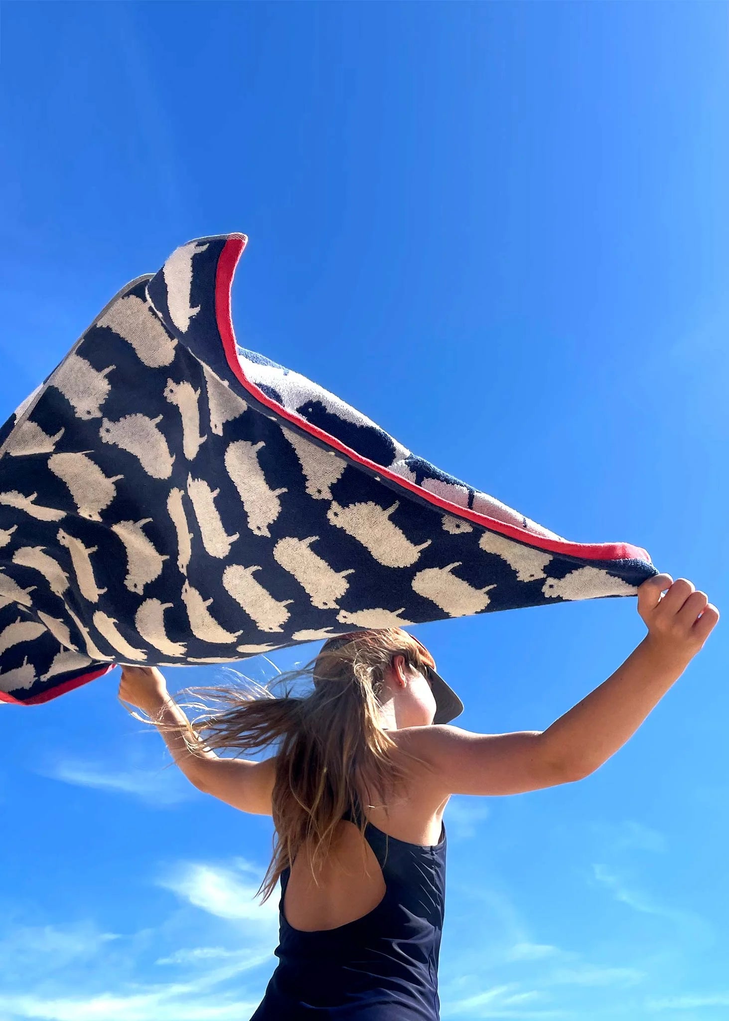 Sheep Organic Cotton Beach Towel – navy with sheep print, red trim, blue sky – beach towel