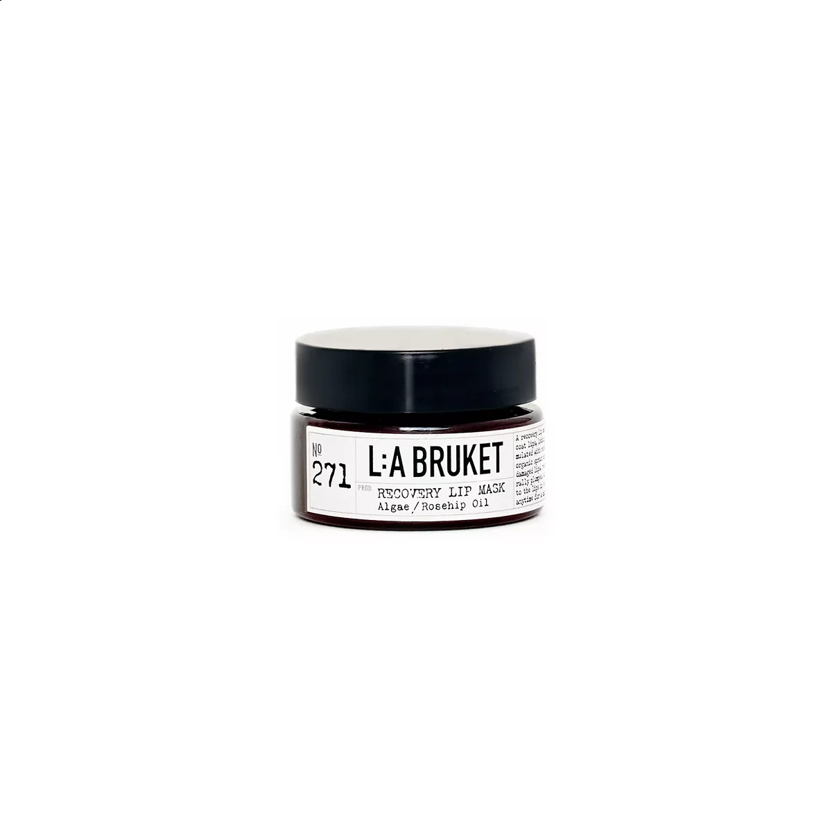 L:A BRUKET No. 271 Recovery Lip Mask – dunkler Glasbehälter, schwarzer Deckel, weißer Hintergrund – Lippenpflege