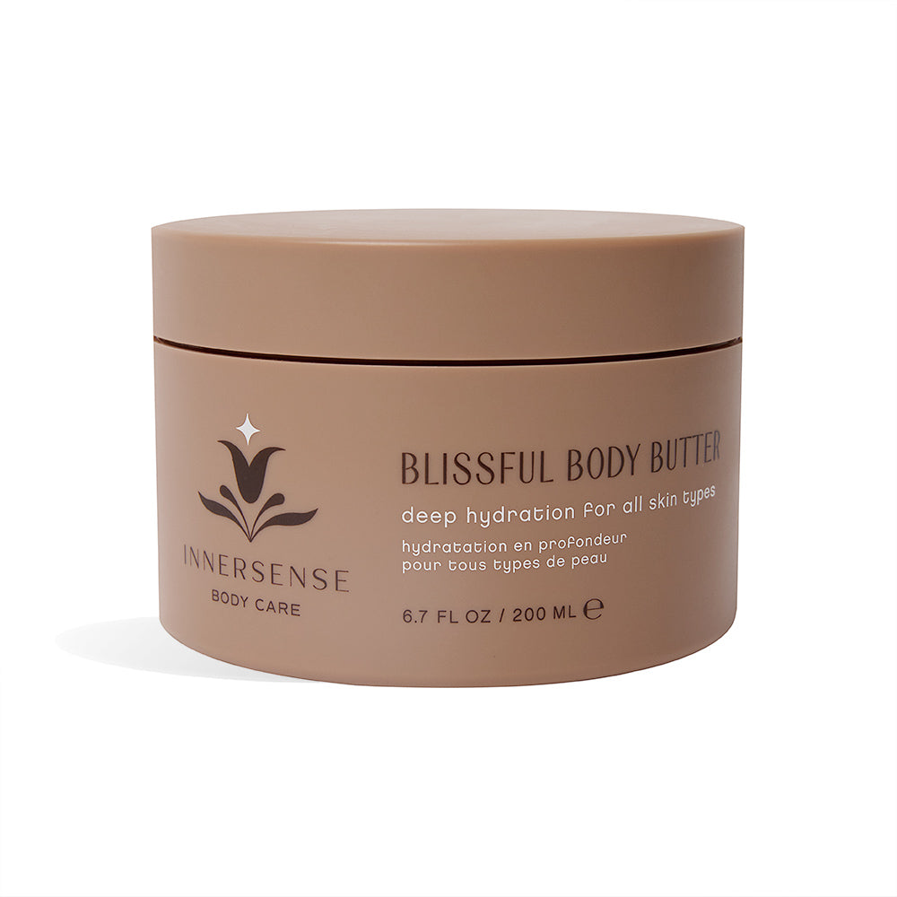 Innersense Blissful Body Butter – brauner Tiegel 200ml, passender Deckel, weißer Hintergrund – Körperpflege