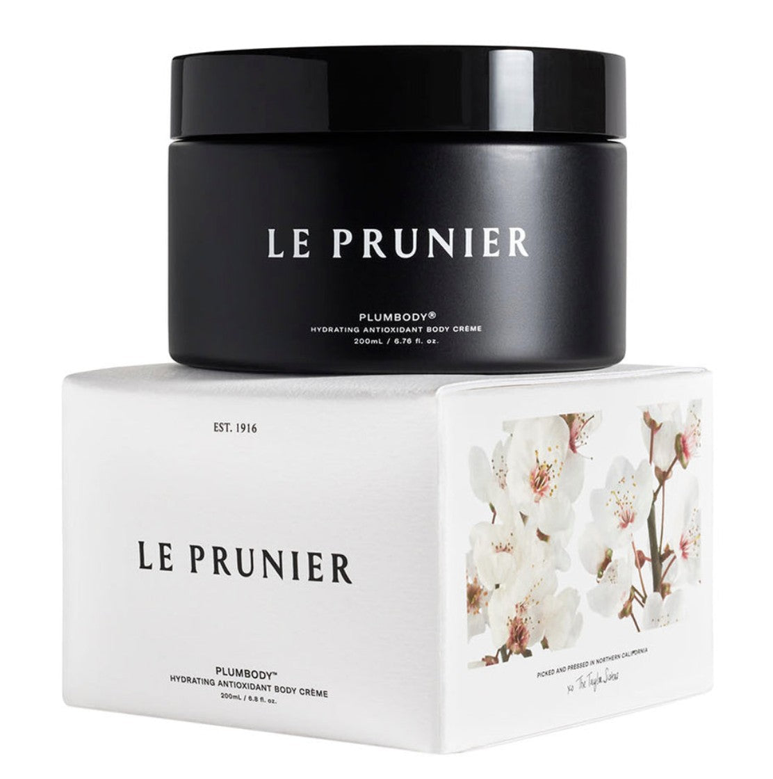 Le Prunier Plumbody Body Crème – schwarzer Tiegel 200ml, glänzender Deckel, weißer Hintergrund – Körperpflege