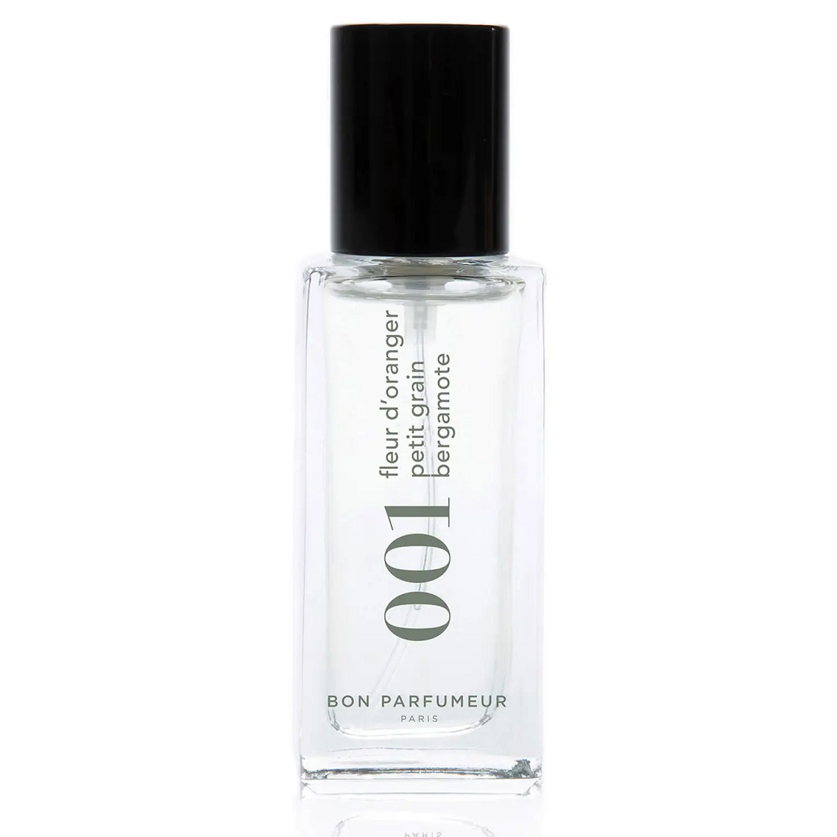 Bon Parfumeur 001 Orange Blossom – klares Glasfläschchen mit schwarzem Deckel, weißem Hintergrund – Parfüm