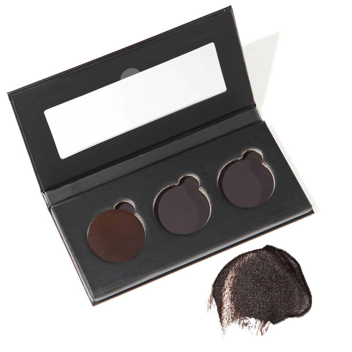 Wow Brow Augenbrauenpomade Dark Nachfüllung – schwarze Palette mit drei Farbtönen, weißer Hintergrund – Augenbrauenstyling