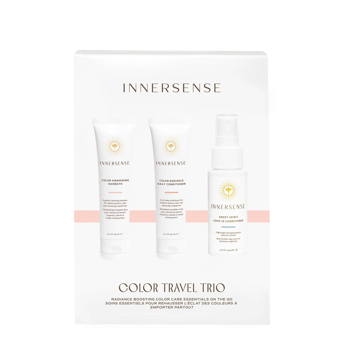 INNERSSENSE Color Travel Trio – 3 white tubes & spray bottle, 59ml, white background – hair care