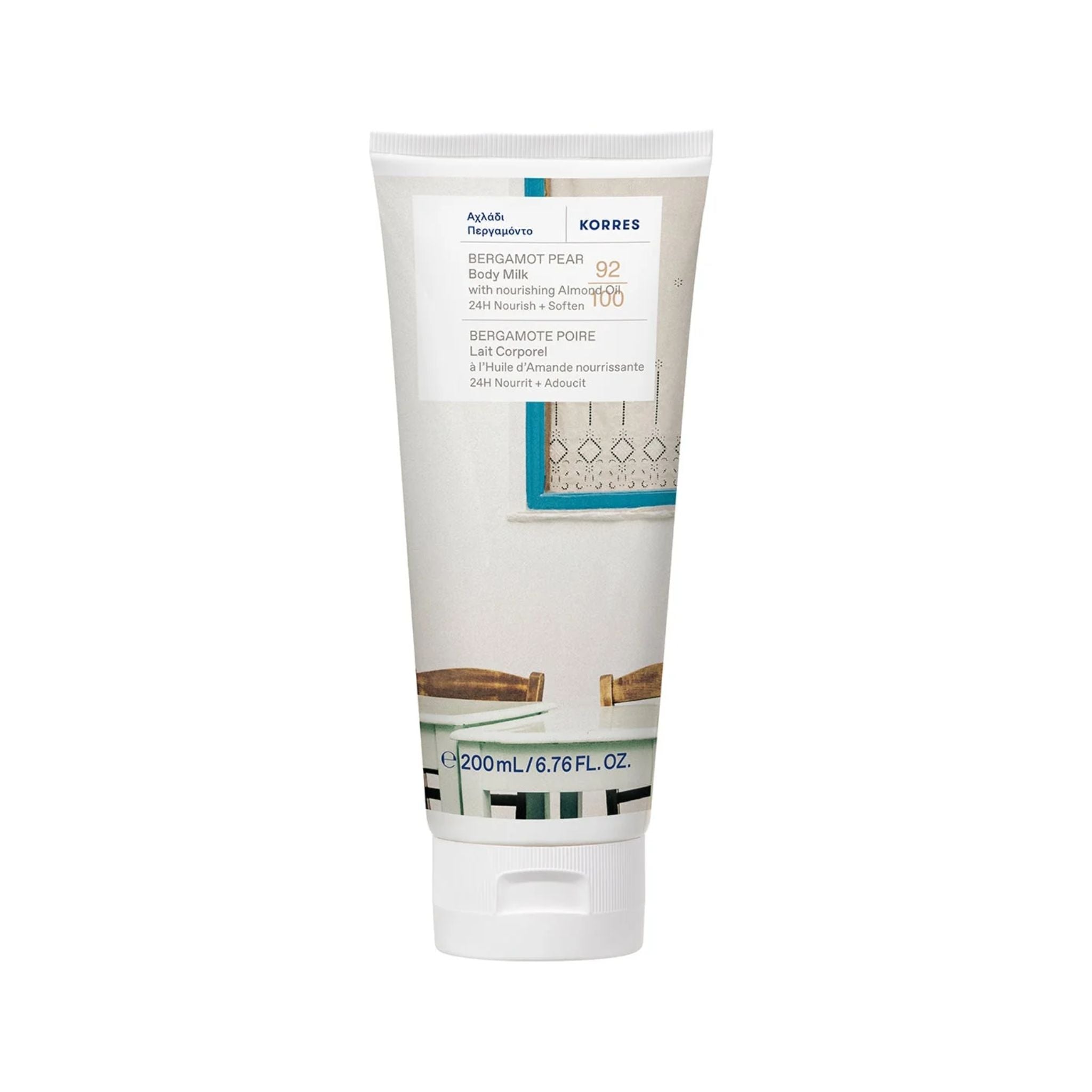 White Korres Bergamot Pear Body Milk tube with white screw cap, 200 ml, skin care