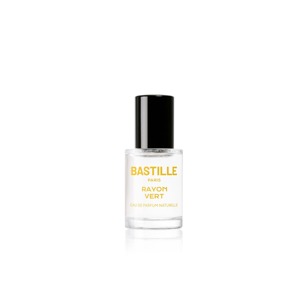 Bastille Rayon Vert Eau de Parfum – klares Glasfläschchen 15ml, schwarzer Deckel, weißer Hintergrund – Parfüm