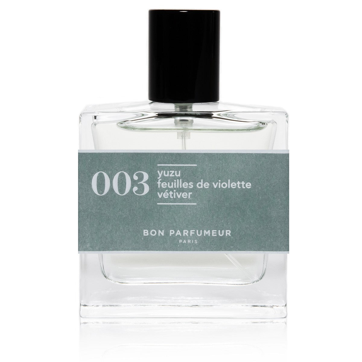 Bon Parfumeur 003 Yuzu – klares Glasfläschchen 30ml, schwarzer Verschluss, weißer Hintergrund – Parfüm