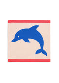 Jumping Dolphins Organic Cotton Washcloth – cream with blue dolphin and red border, white background – face care