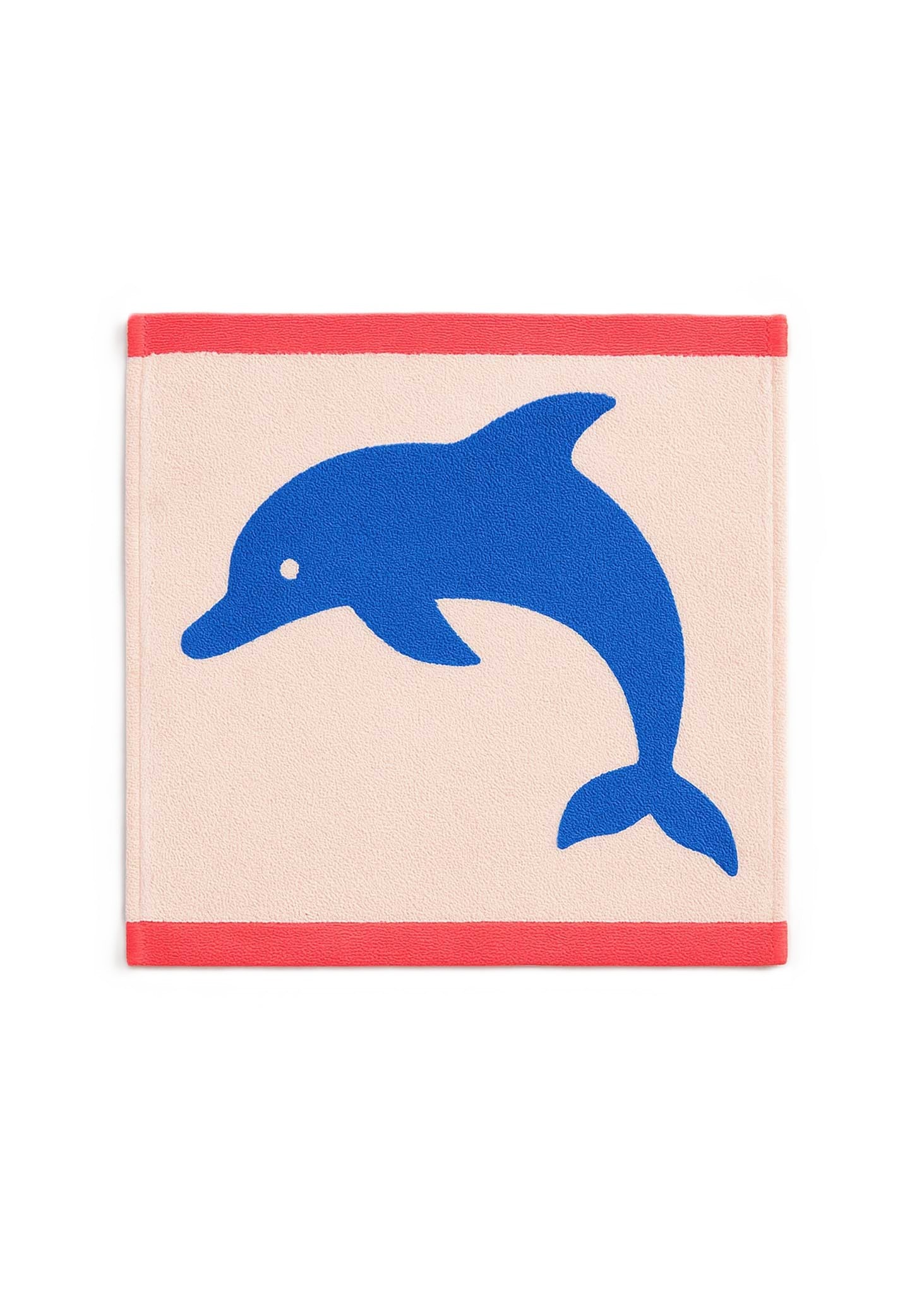 Jumping Dolphins Bio-Baumwollwaschlappen – cremefarben mit blauem Delphin und rotem Rand, weißer Hintergrund – Gesichtspflege
