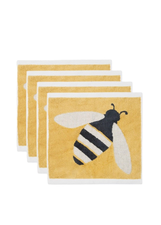 Buzzy Bee Bio-Baumwollwaschlappen – gelb mit Bienenmotiv, weißer Rand, 4 Stück – Gesichtspflege