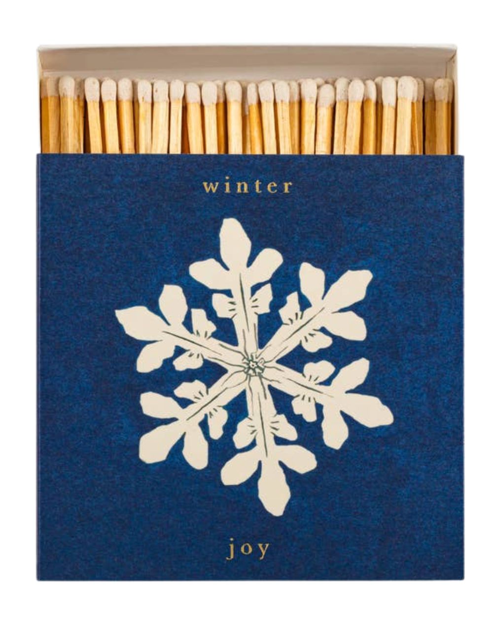 Winter Joy Matches – blue box with white snowflake design, open lid, white background
