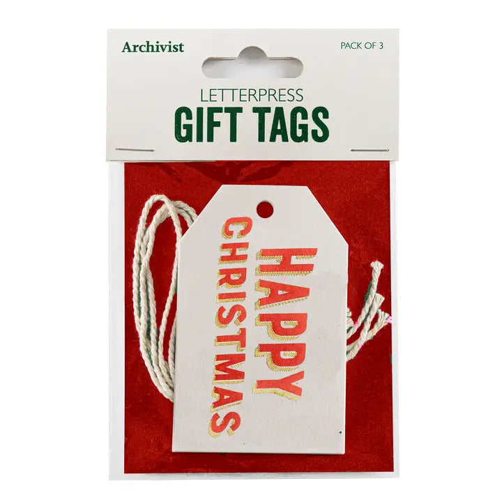 Archivist Geschenkanhänger 'Happy Christmas' – 3er-Pack, weiß mit rotem Schriftzug, roter Hintergrund – Weihnachtsgeschenke