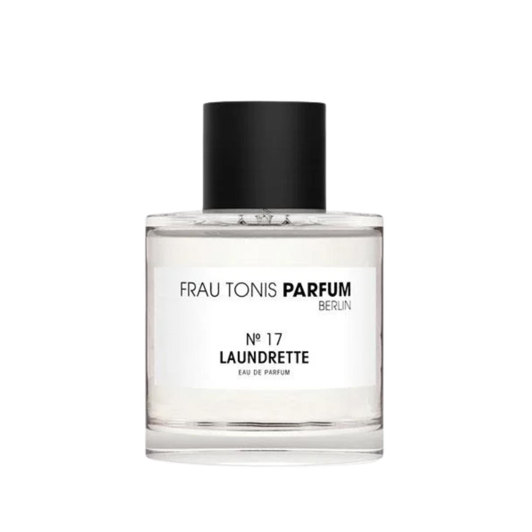 Frau Tonis Parfum N°17 Laundrette – klares Glasfläschchen mit schwarzem Deckel, weißem Etikett, weißem Hintergrund – Parfüm