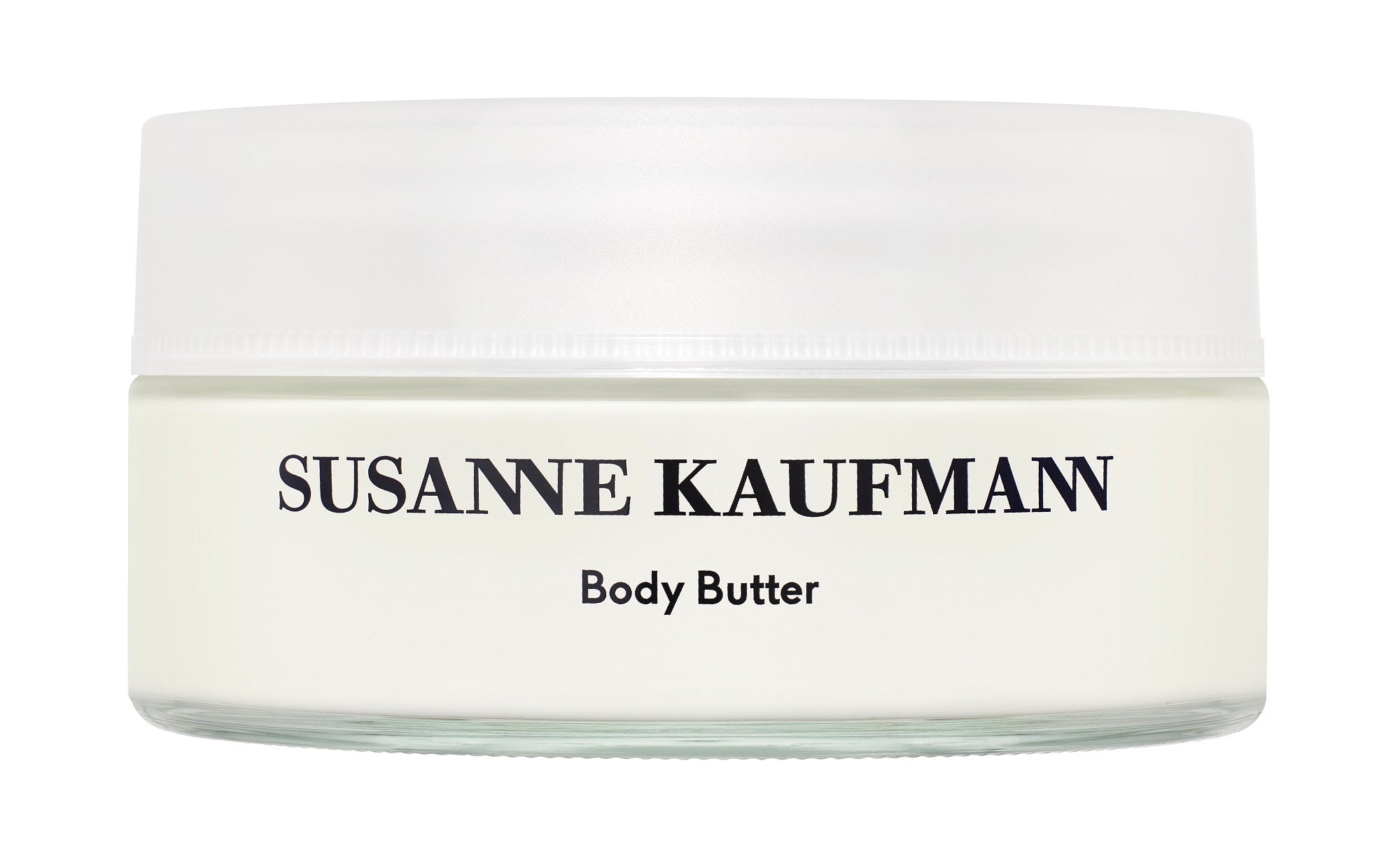 Susanne Kaufmann Körperbutter – cremefarbener Glasbehälter mit weißem Deckel, weißer Hintergrund – Hautpflege
