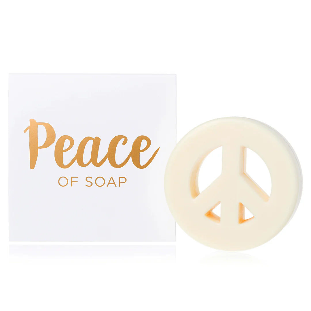Peace of Soap Peace-Zeichen – cremefarbene Seife mit Friedenssymbol, weißer Karton, goldener Schriftzug – Hautpflege