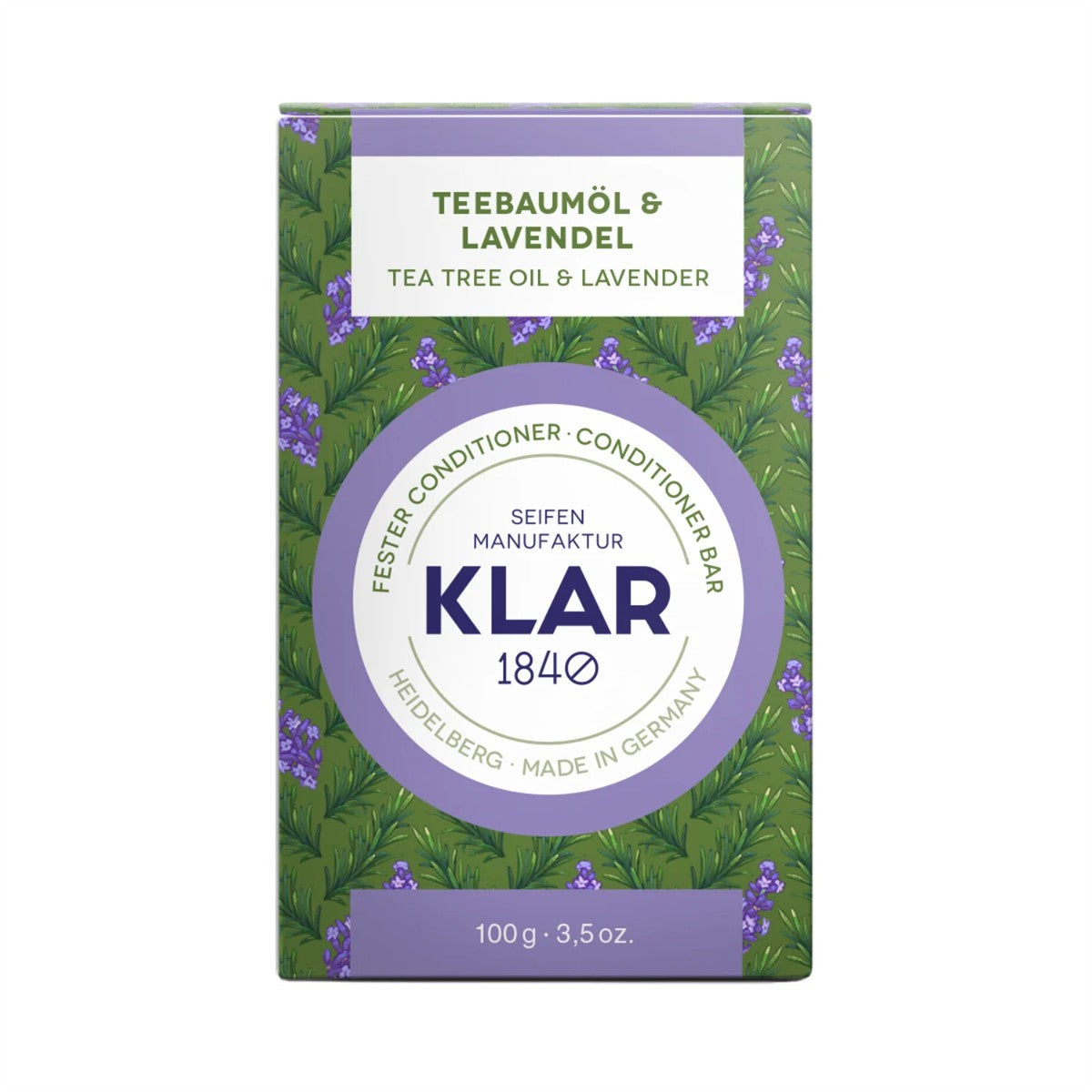 KLAR 1840 Fester Conditioner Teebaumöl & Lavendel – 100g, grüne Verpackung mit lila Akzenten, weißer Hintergrund – Haarpflege