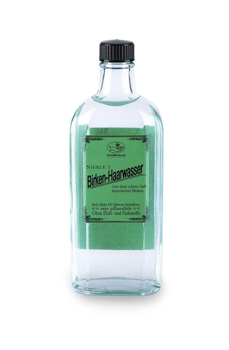 Nierle's Birken-Haarwasser – klares Glasfläschchen mit grünem Etikett, schwarzem Schraubdeckel, weißem Hintergrund – Haarpflege