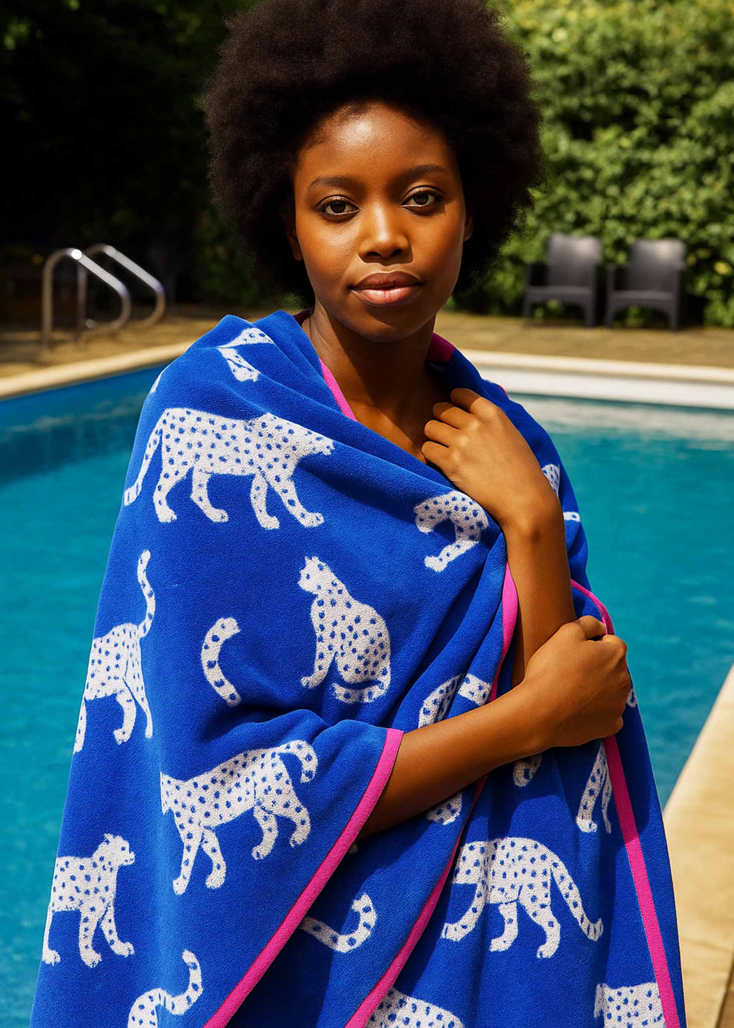 Snow Leopard Organic Cotton Bath Towel – cobalt blue with white leopards, pink trim, pool background – bath towels