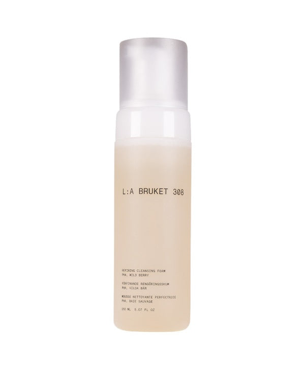 L:A BRUKET No. 308 Reinigungsfoam – cremefarbene Flasche 150ml, silberner Pumpverschluss, weißer Hintergrund – Hautpflege