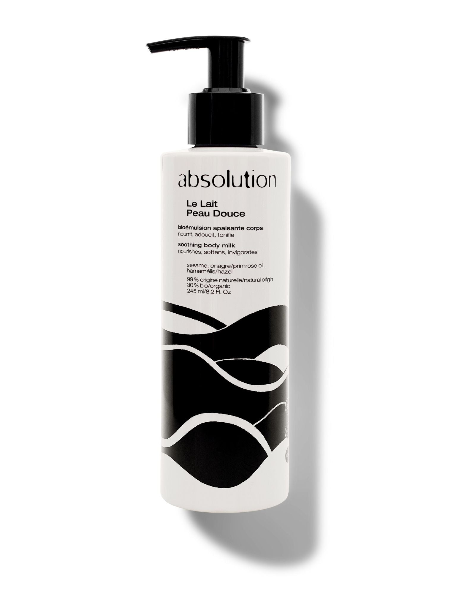absolution Le Lait Peau Douce – weiße Flasche 245ml mit schwarzer Pumpe, weißem Hintergrund – Körperpflege