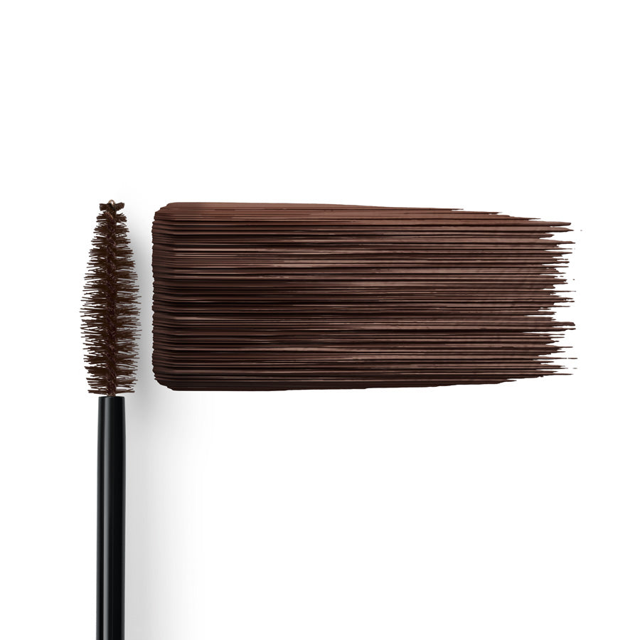 Long Lasting Mascara 02 Brown – brown mascara swatch and wand on white background – eye makeup