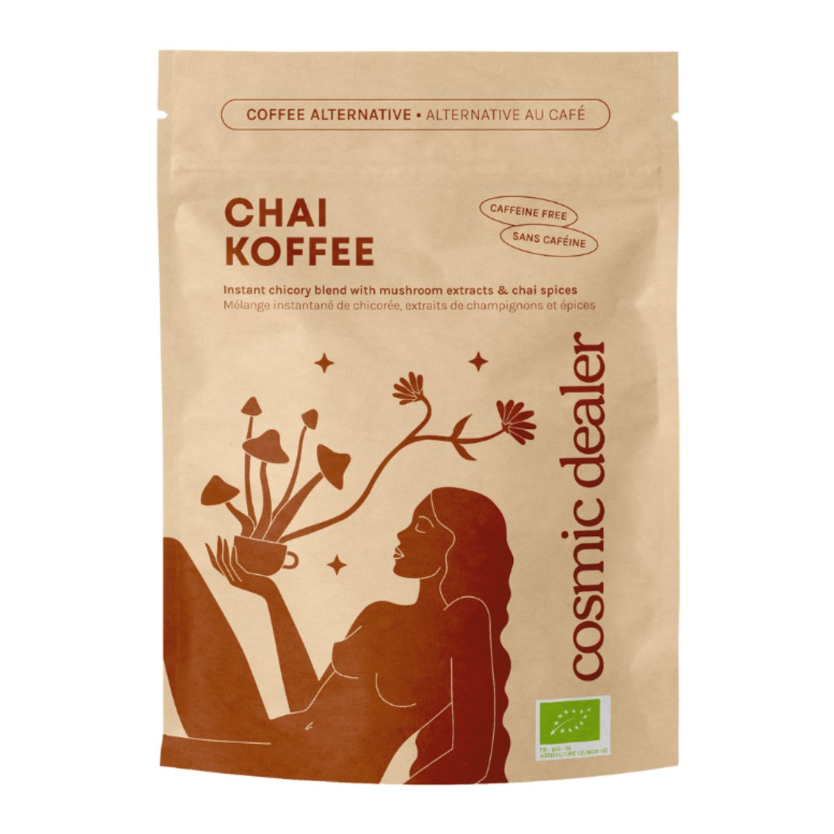 Chai Koffee von cosmic dealer – braune Standbeutelverpackung, koffeinfrei, weißer Hintergrund – Gesundheit & Wohlbefinden