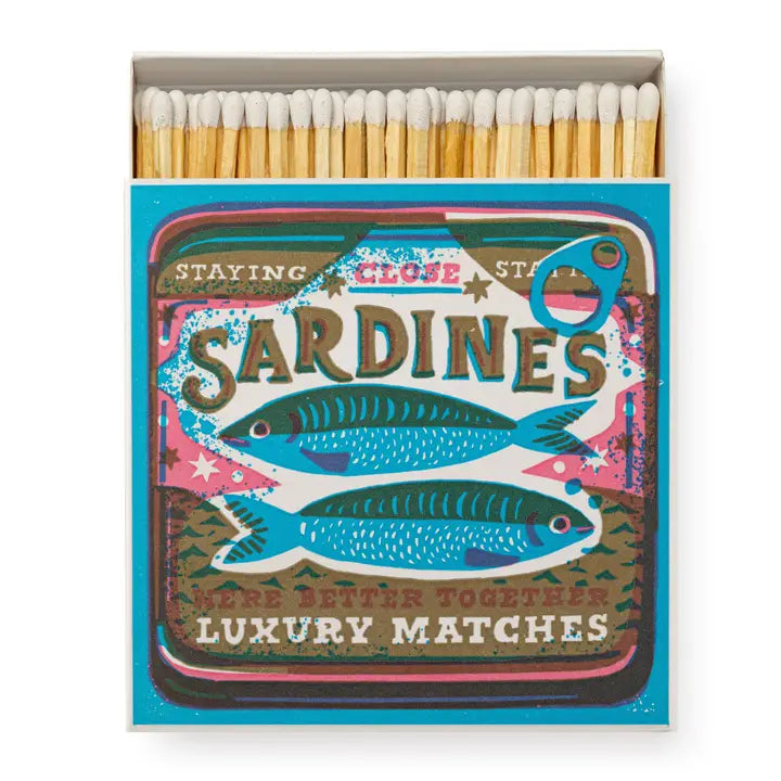 Sardines Luxury Matches – blue box with fish design, white background – decor