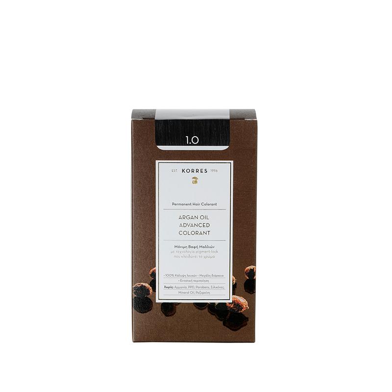 KORRES Argan Oil Advanced Colorant 1.0 – braune Kartonverpackung, schwarzer Deckel, weißer Hintergrund – Haarfarbe
