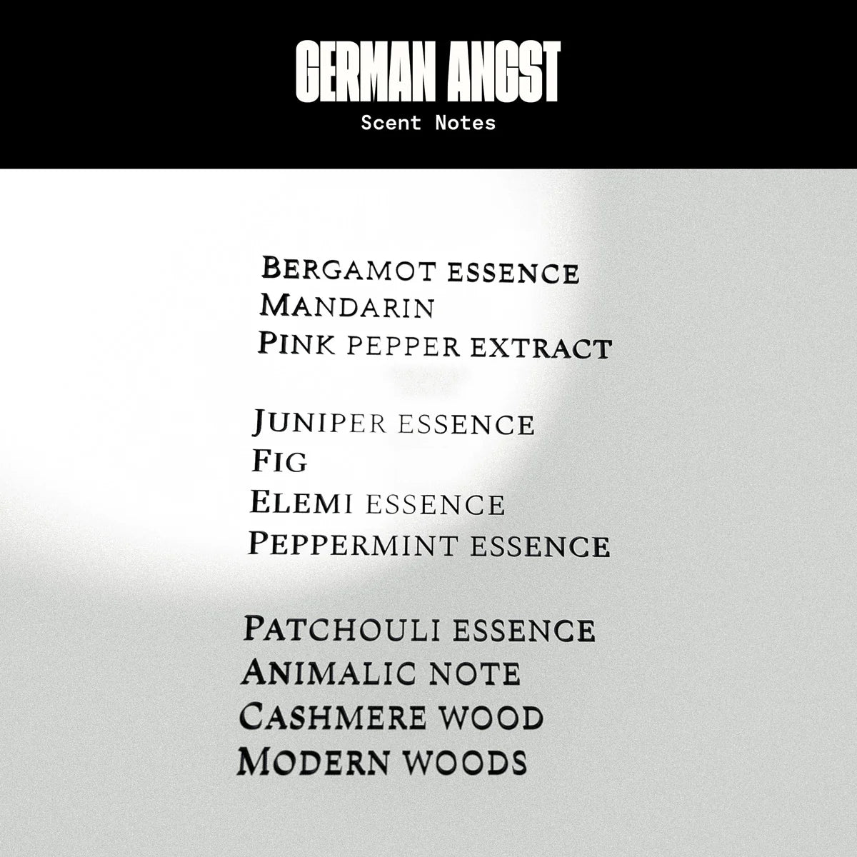 German Angst Parfum – Duftnotenliste auf weißem Hintergrund mit schwarzer Schrift – Parfüm