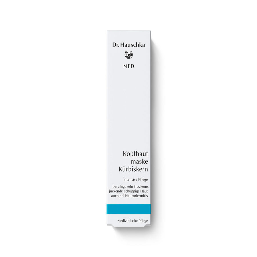 Dr. Hauschka MED Kopfhautmaske Kürbiskern – weiße Tube mit blauem Streifen, weißer Hintergrund – Haarpflege