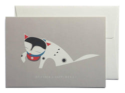 Graue Grußkarte mit einer stilisierten Maneki-neko Katze und dem Text „JOY + LUCK + HAPPINESS“.