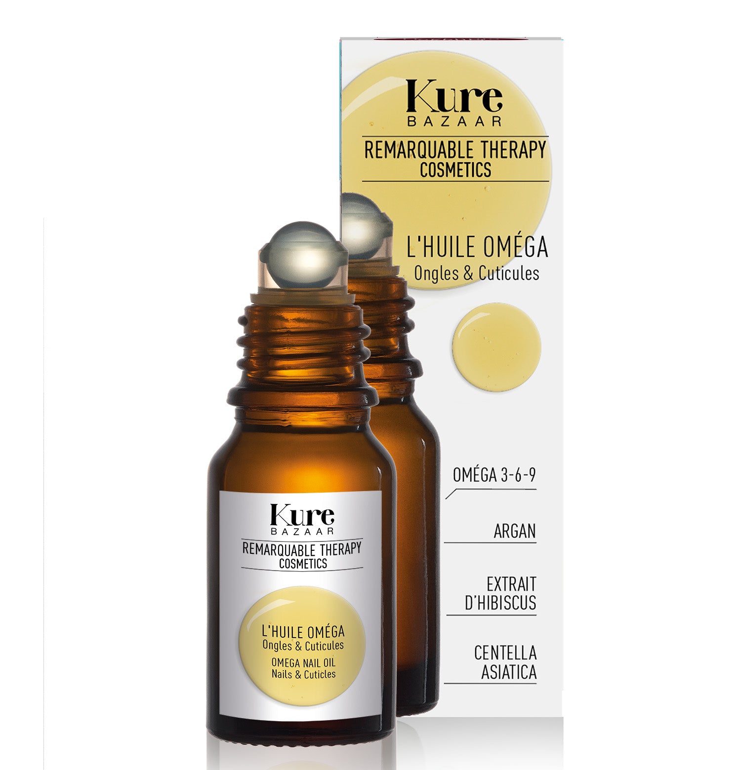 Kure Bazaar Remarquable Therapy Omega Nail Oil – braune Glasflasche mit Roll-on-Kugel, weißer Hintergrund – Nagelpflege