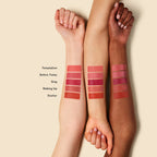 Color Haze Multi-use Pigment – Farb-Swatches auf drei Hauttönen, cremige Textur, beige Hintergrund – Make-up
