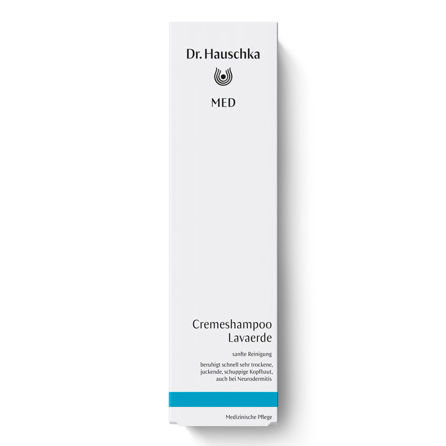 Dr. Hauschka Med Cremeshampoo Lavaerde – weißes Kartonpaket mit blauer Linie, weißer Hintergrund – Haarpflege