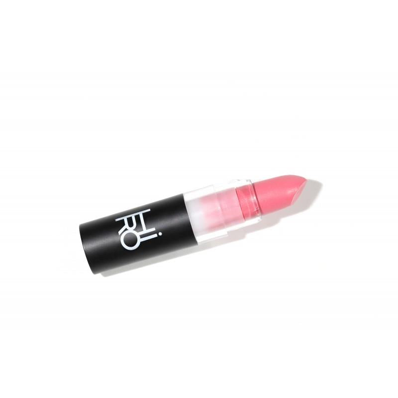 Lipstick Poof – schwarzer Lippenstift-Tube mit transparentem Deckel, rosafarbener Stift, weißer Hintergrund – Lippenpflege