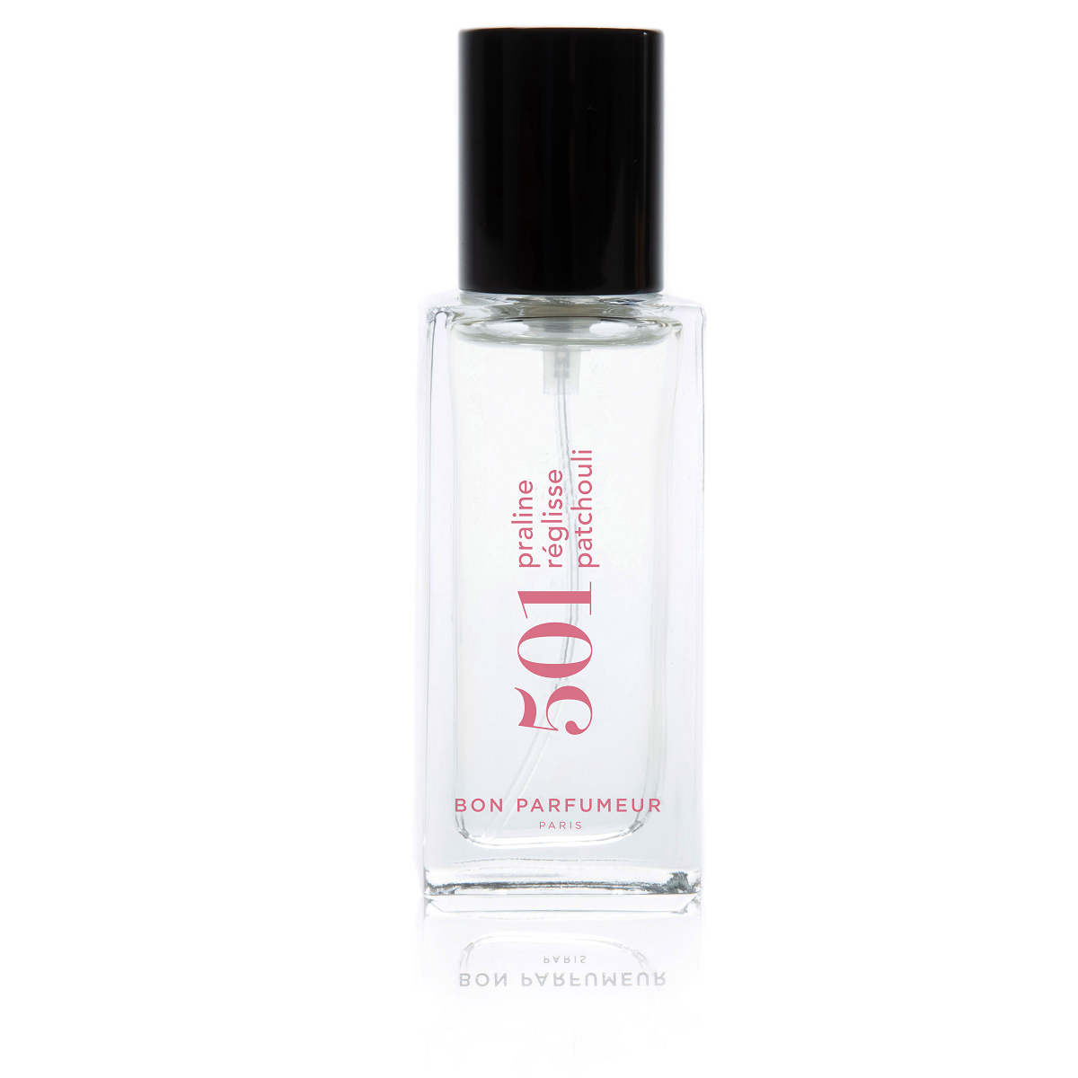 Bon Parfumeur 501 Praline – klares Glasfläschchen mit schwarzem Sprühkopf, weißem Hintergrund – Parfüm